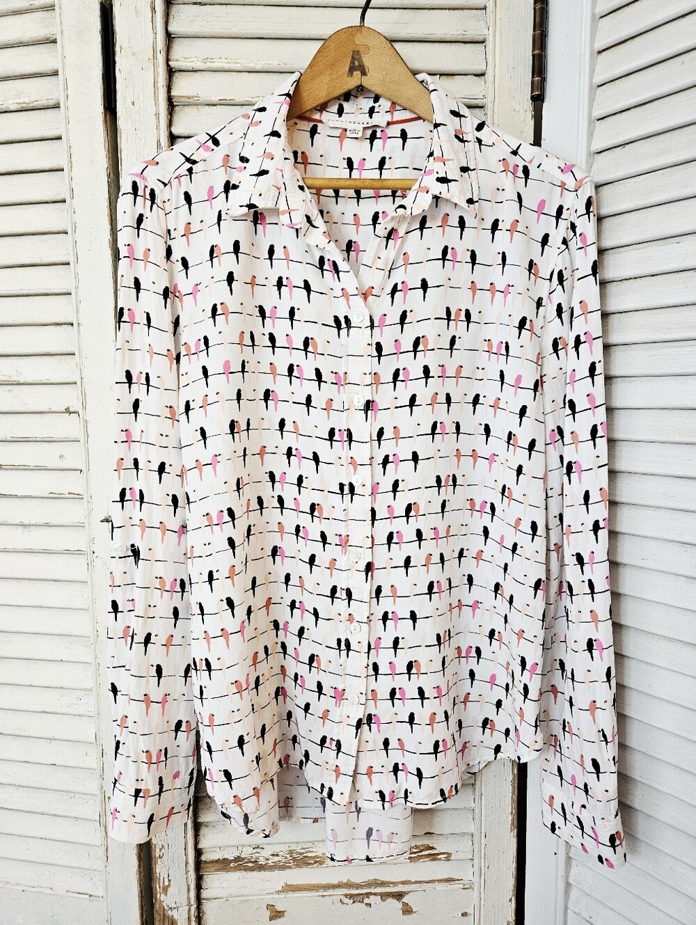 Jane And Delancey Pink And Black Birds On A Wire Print Flowy Rayon Blouse Medium